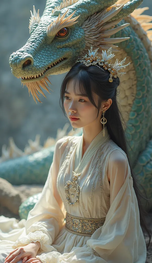 Imagine A Unreal Beauty Korean Short Cut Straight Hairs Sitting With A Dragon As A Mother Of Dragon, Unreal Beauty Korean Blue Eyes Soft Glowing Skin, Eye Catching Background, A Giant Giant Realistic Dragon, Unrealistic Beautiful Korean Dress And A Beautif...