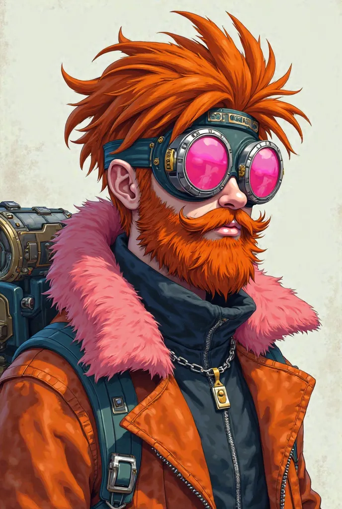    "25 year old male character with Beard with messy orange hair, wearing steampunk goggles with pink lenses, "
    "an orange leather jacket with a fluffy pink collar, intricate mechanical details on the backpack, "
    "and a futuristic yet retro style, ...