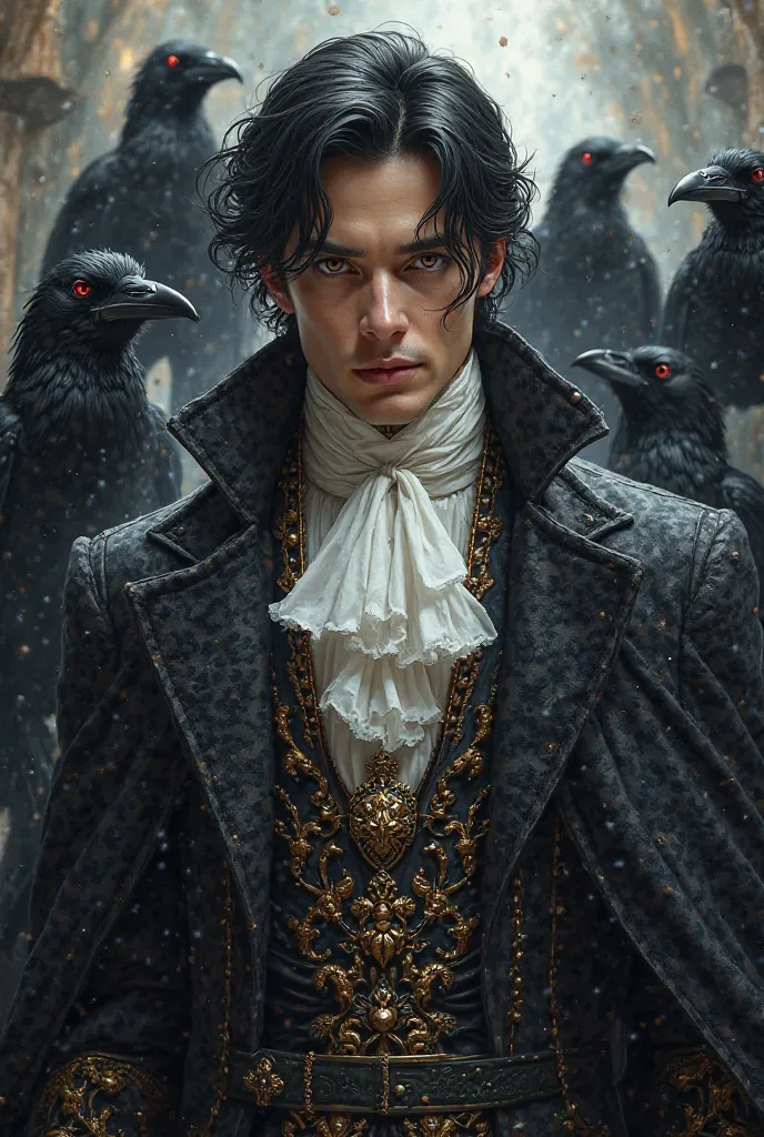 An executive male with tall handsome black hair wearing accessories wearing fancy period clothes with ravens around him, one eye black and one eye more white posing