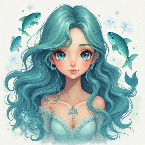 Create a digital illustration of a woman with long, wavy teal hair and striking blue eyes. She has a soft, warm expression and is adorned with a subtle Pisces symbol on her chest. Surround her with playful blue fish swimming around her, enhancing the aquat...