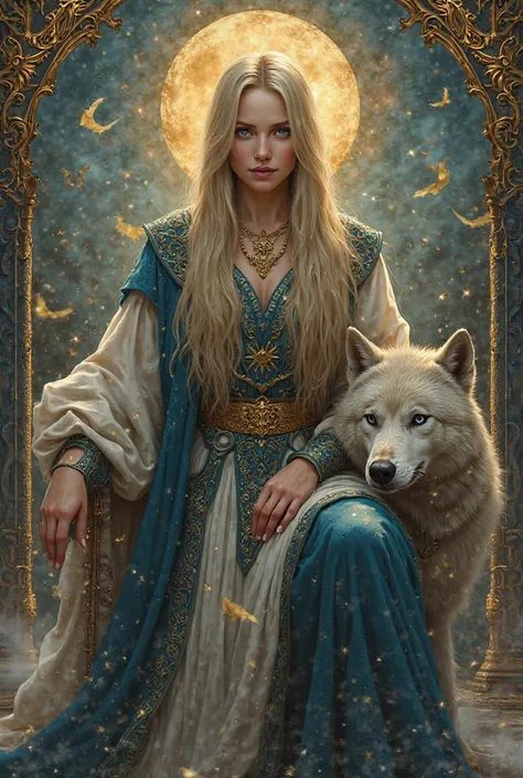 Let it be a strong woman who rules a place in the Turkish script in the Göktürkçe alphabet and a wolf beside her, let the woman's hair be straight and ashy yellow, let her eyes be blue. 