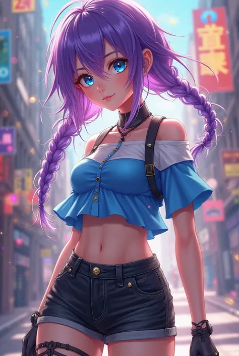 Free Fire with purple hair braided on both sides bright blue eyes black denim shorts with strap blue and white blouse