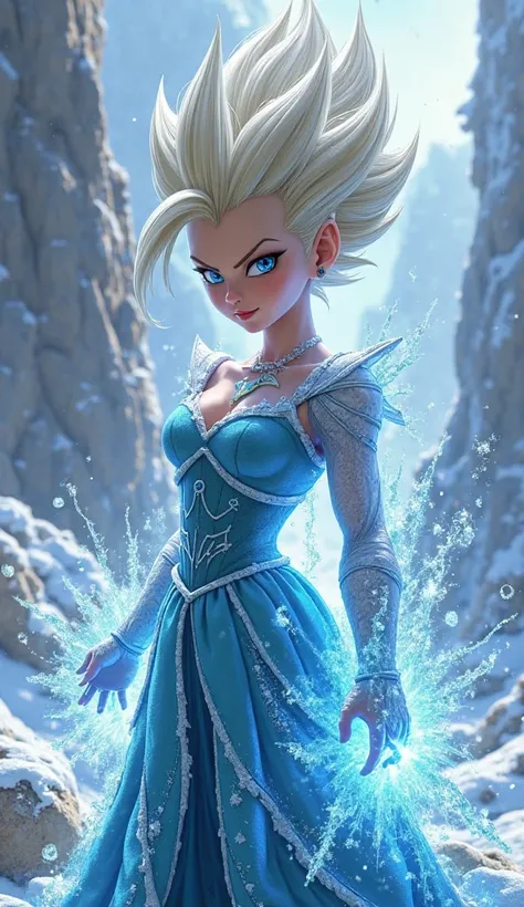 Create a semi-realistic fusion between Vegeta from Dragon Ball Z and Elsa from Frozen. The character must have the imposing and warrior posture of Vegeta, combined with the elegance and magical power of Elsa's ice. Her hair must be a fusion of the two styl...