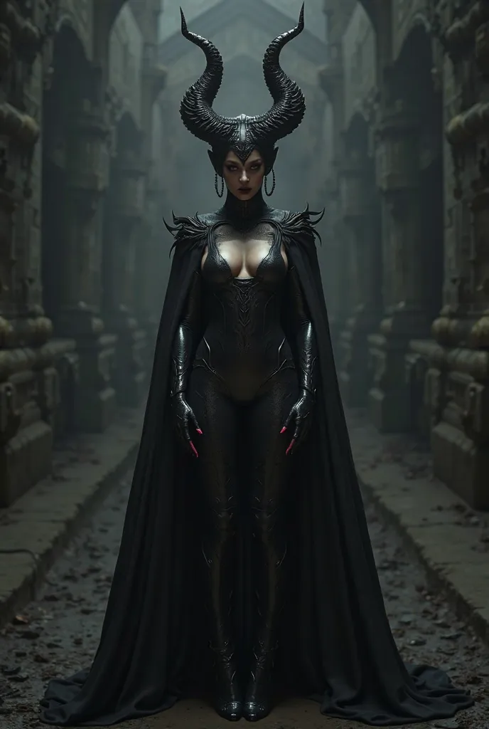 A black female villain costume with dark red pink details on a pair of black horns.