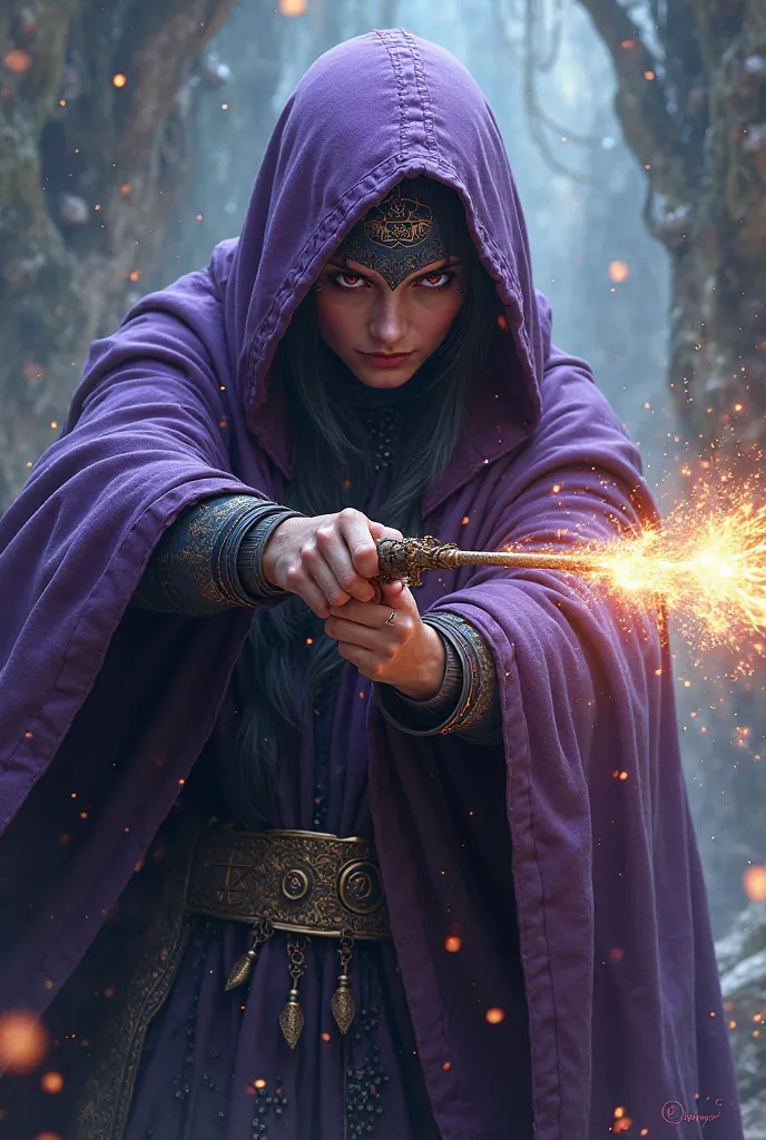 Generate a fringed woman, with a purple hoodie and an eye on top of the hood, shooting magic arrows.