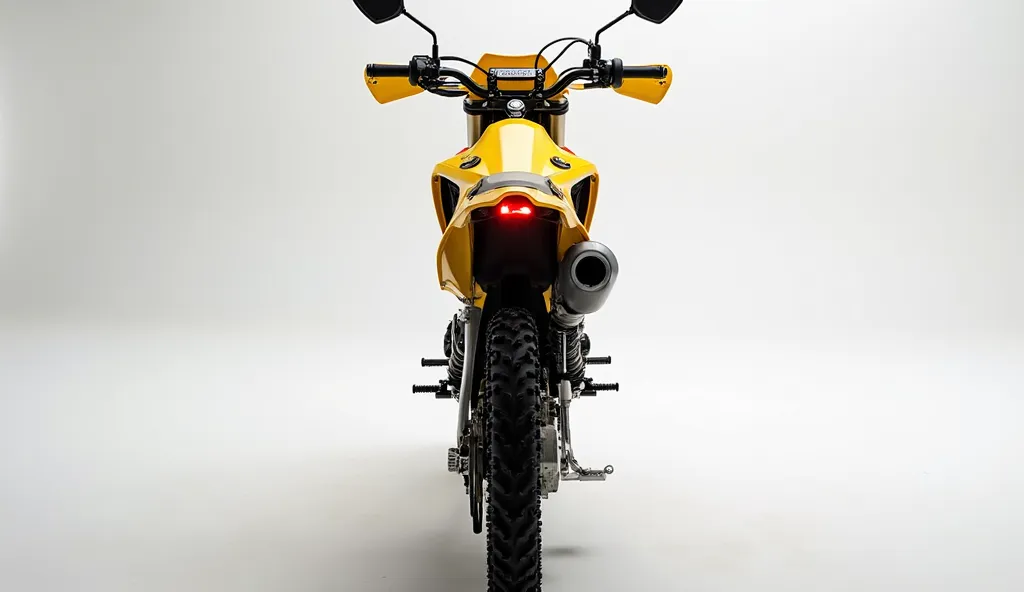 A highly detailed rear view of a modern yellow ( Honda CRF 300L dirt bike) motorcycle,integrated rear lights. The motorcycle is shown in a well-light white studio environment with a smooth gradient background, emphasizing its sharp design and premium finis...