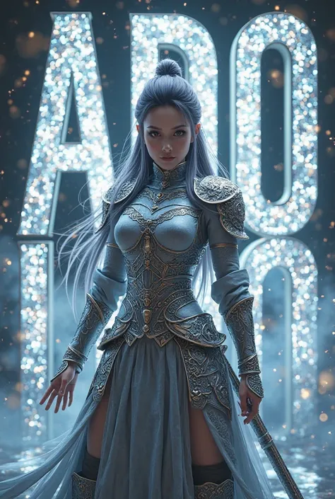 Ultra-detailed manga 3D image, Solo leveling, female warrior in chinese silver traditional armor, combat posture. Written “ADO” in big letters behind her with the reflections of bright blue silver light in the background