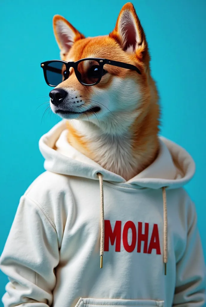 The best cell phone wallpaper, Award-Winning Wallpaper, portrait photography, In the front view is a portrait of a cute shiba inu dog wearing White T-shirt with the word “MOHA” printed in red, Side view photo, Shot with Canon EOS R5, Set a strong contrast ...