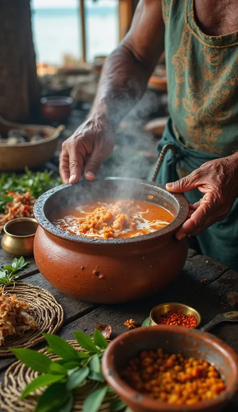 A richly detailed close-up of hands preparing traditional Sri Lankan seafood curry. The hands belong to an elderly fisherman with weathered skin, wearing traditional Sri Lankan attire. Steam rises from a clay pot containing vibrant red-orange crab curry wi...