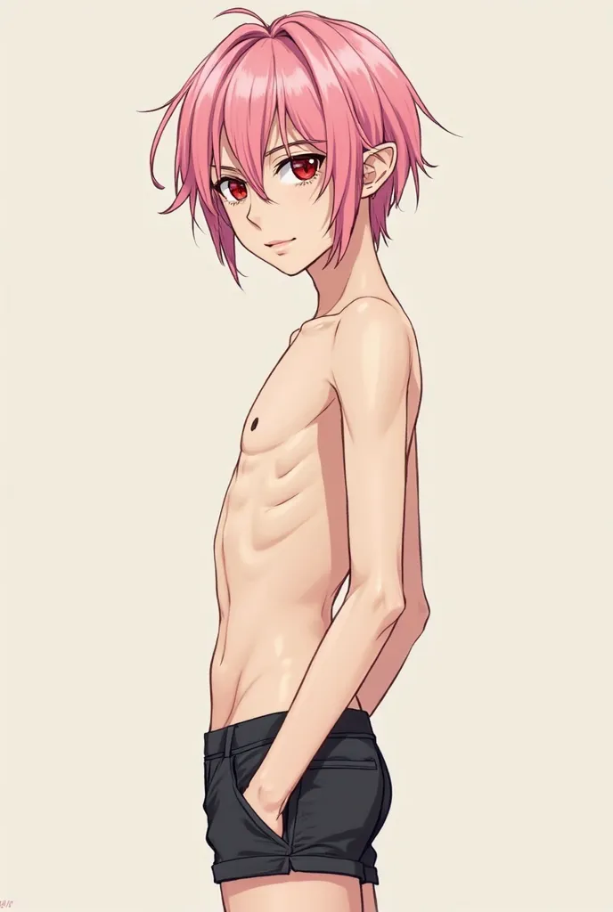 Serious elf-haired boy with short pink straight hair,  with bangs, and red eyes wearing black shorts without a shirt, style to anime style full perspective drawing