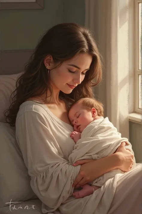 In one room, a mother is lovingly nursing her  