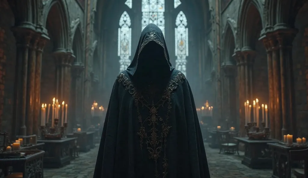 Masked cloak man in satanist church 