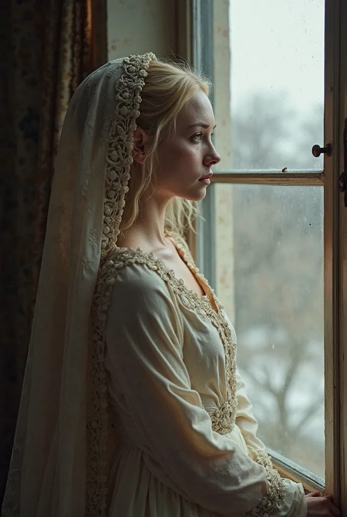 Beautiful young woman,  blonde, with a small black birthmark on the right cheek, in the simple dress of a married woman from the time of the Russian Empire, shrouded in a shawl. a painfully pale face stands at the window of the princely house