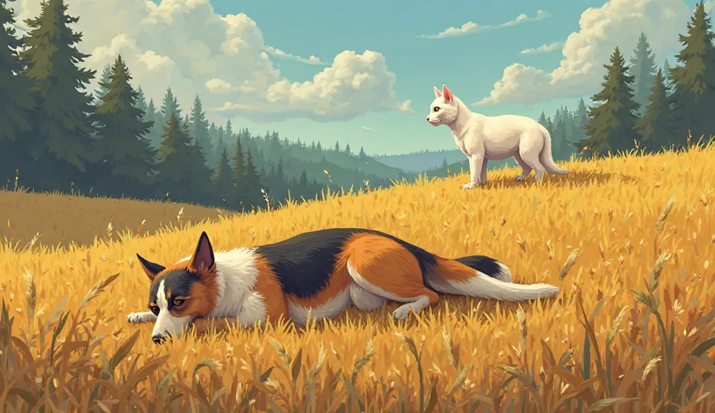 Here’s the scene with the dog and the cat:

"The multicolored dog has collapsed in a field of tall, golden grass, its body lying still after a long, exhausting run. Its chest rises and falls with labored breaths, and the surrounding grass sways gently in t...