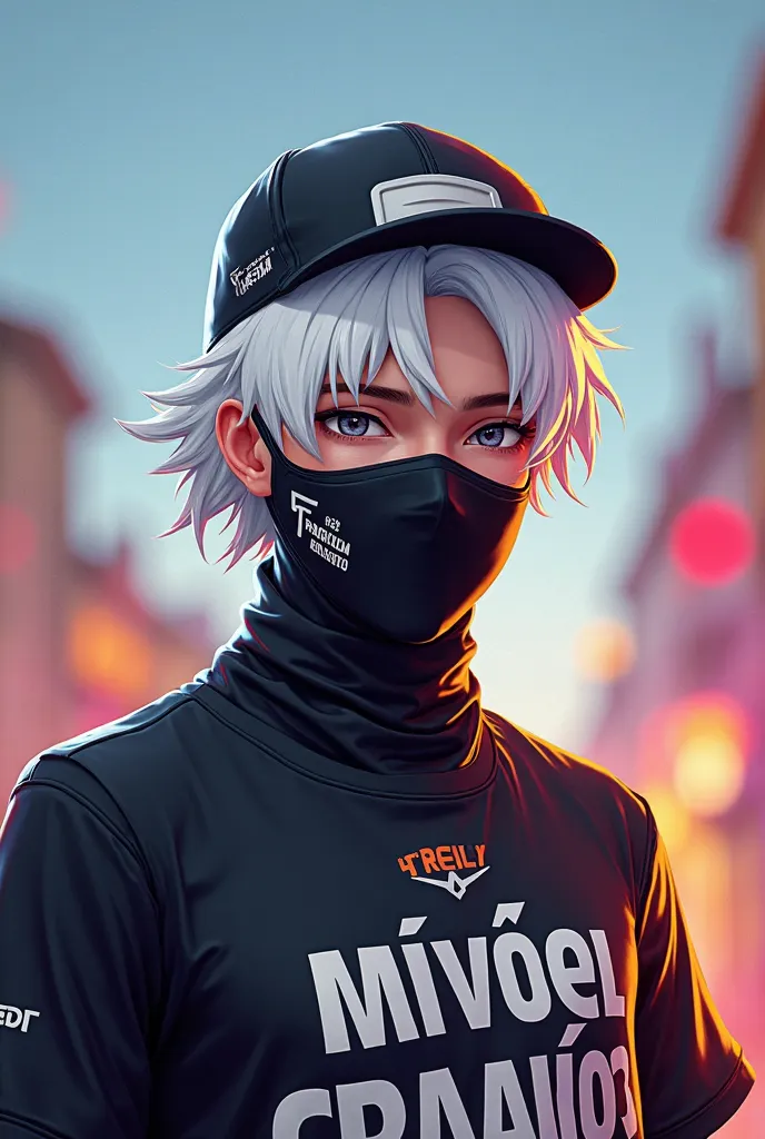 Here is an image of a white male avatar without earrings, with animated white hair from Free Fire wearing a black shirt written in fluxes in Portuguese,  rays a black mask on the face , With a cap turned back over my head FreeFire