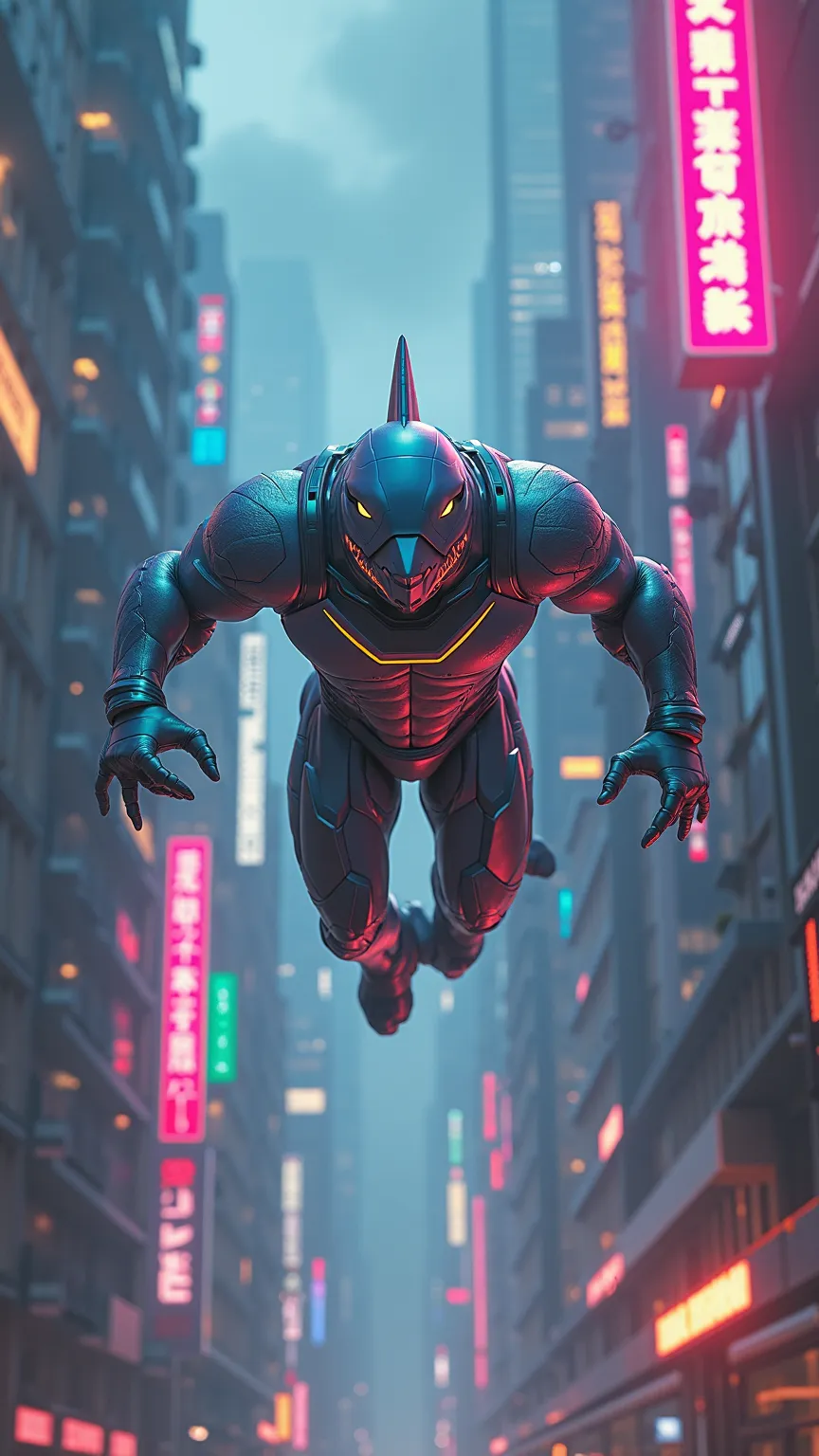 A humanoid white shark, dressed in a superhero outfit, flying through a futuristic city with tall buildings and neon lights.High resolution, Anatomically Correct, Ultra HD, 