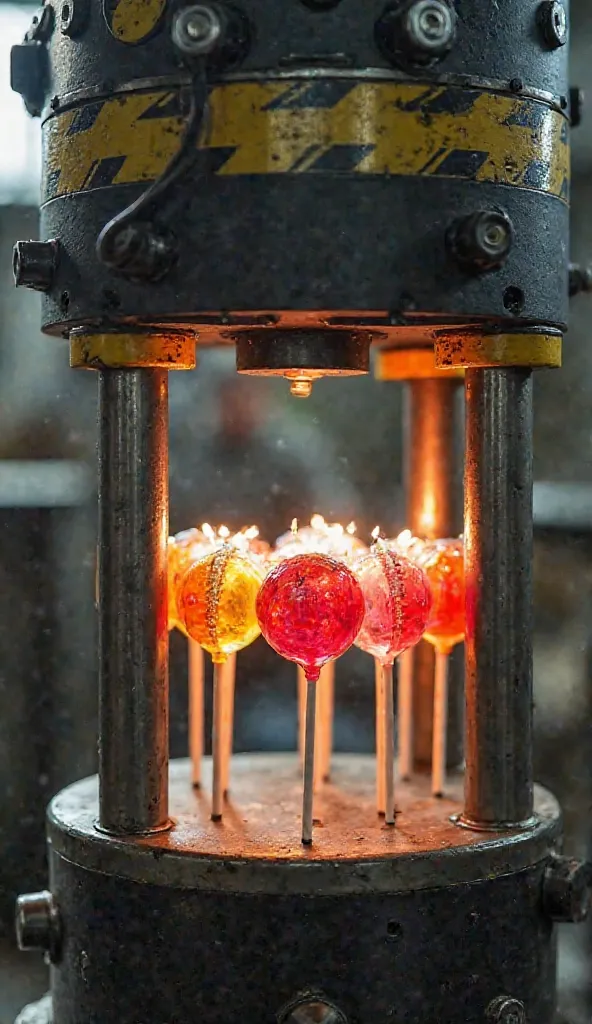 Prompt:
"A compact industrial hydraulic press with yellow and black safety bands, pressing several colored lollipops with packages inside the cylindrical metal. The top of the press has small screws and a robust industrial design. The background of the ima...