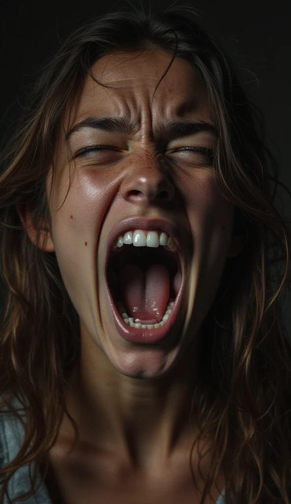 "A close-up portrait of a young woman with long, slightly messy brown hair, screaming with her eyes tightly shut and mouth wide open. Her expression is intense, showing raw emotion, possibly anger or frustration. Her skin has natural freckles and a slightl...