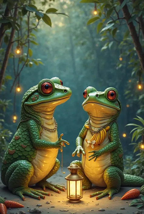 Can you give me an image where at a party where they are yachars with a banana necklace , Toads with fish scales all over their bodies , the frogs walking on two legs and each one has a firefly hanging like a lantern , The fish on the riverbank peeking out...