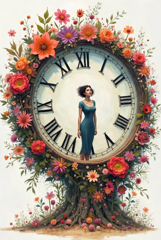 Whimsical caricature of a woman standing in the centre of a big flowered clock, it seems to be spinning out of control,  wet watercolour and oil splashes,white background