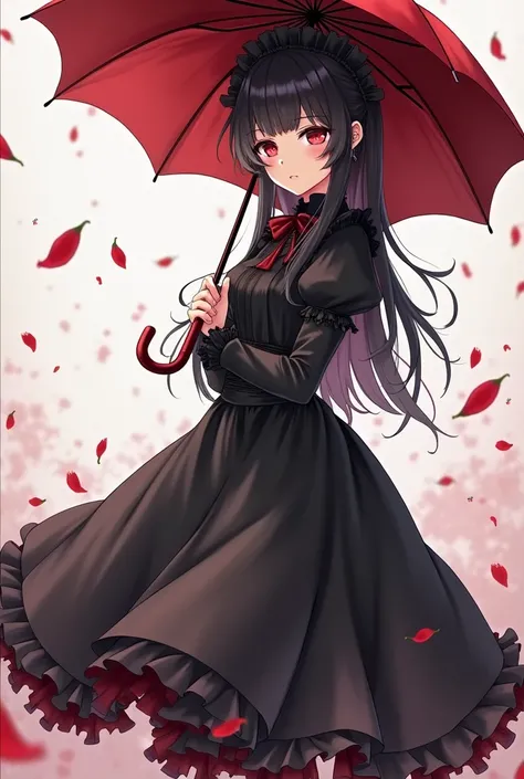 anime girl in a black dress and red umbrella with petals, an anime drawing by Jin Homura, pixiv, gothic art, gothic maiden anime girl, anime girl wearing a black dress, cute anime waifu in a nice dress, beautiful vampire queen, beautiful alluring anime wom...