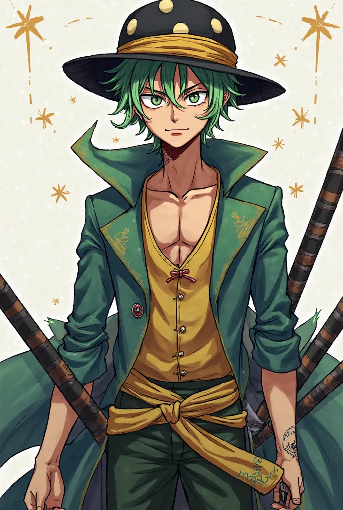 Create an image Mixing two characters in the anime One Piece, the two characters are Zoro and Law. I want a mix in one picture and I want the picture to be 100% correct and I want it to be without coloring.
Hair: Zoro's green hair but styled more like Law'...