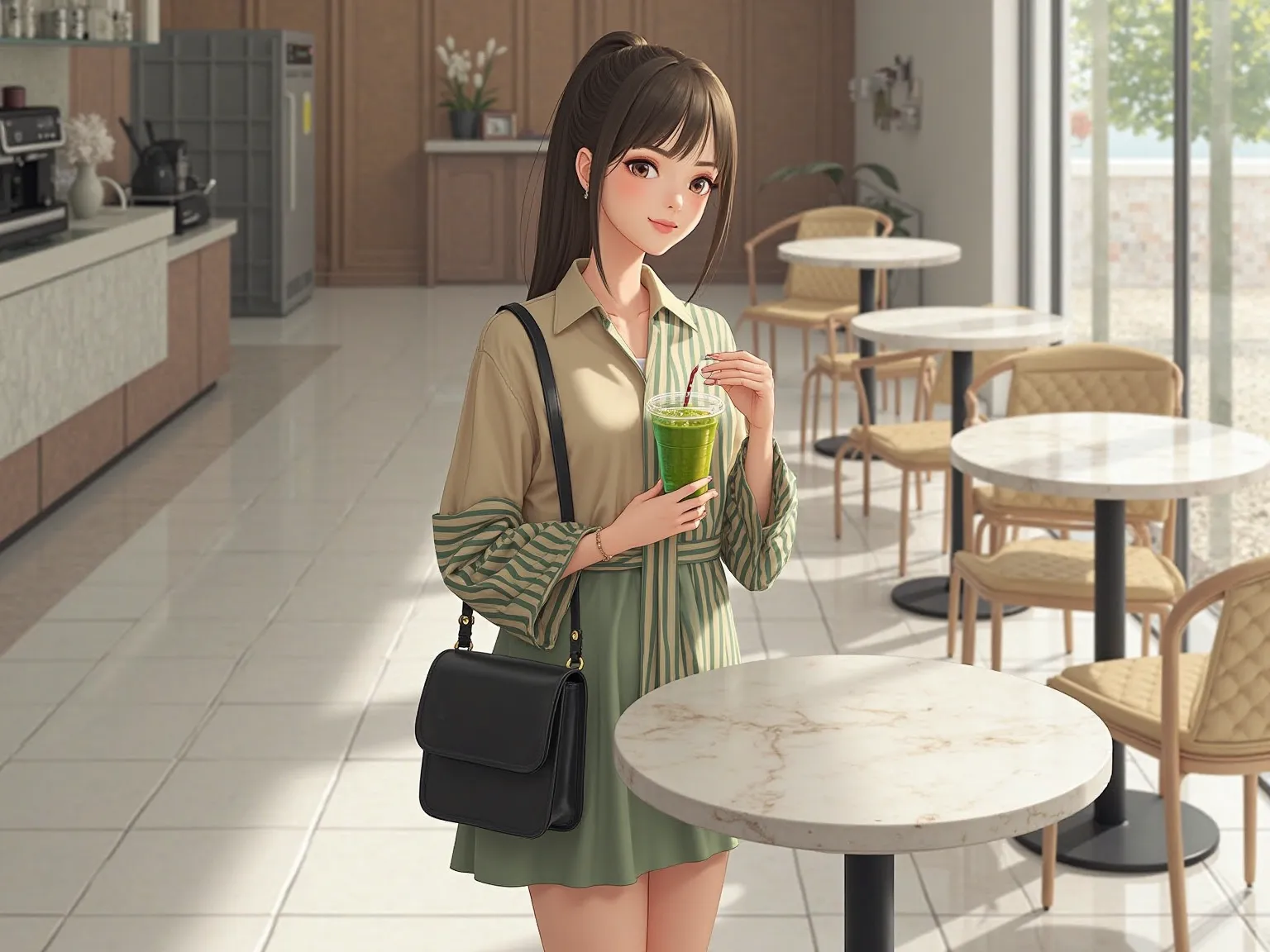 Realistic indoor café setting with a modern and minimalistic design. A young woman is standing near a table, holding a cup of iced green tea with a straw. She is wearing a stylish oversized shirt with asymmetrical patterns (striped sleeves and contrasting ...