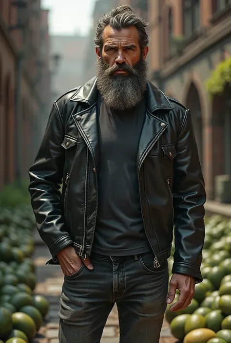 men's full body, wicked, beard, durable, avocados, black leather jacket ,jean azun ,Masterpiece, complacent, t-shirt, HD model, Very detailed, Textured skin, 3D rendering, 8k octane,  outdoor,  renaissance , Unreal Engine, Many, Gothic art, 