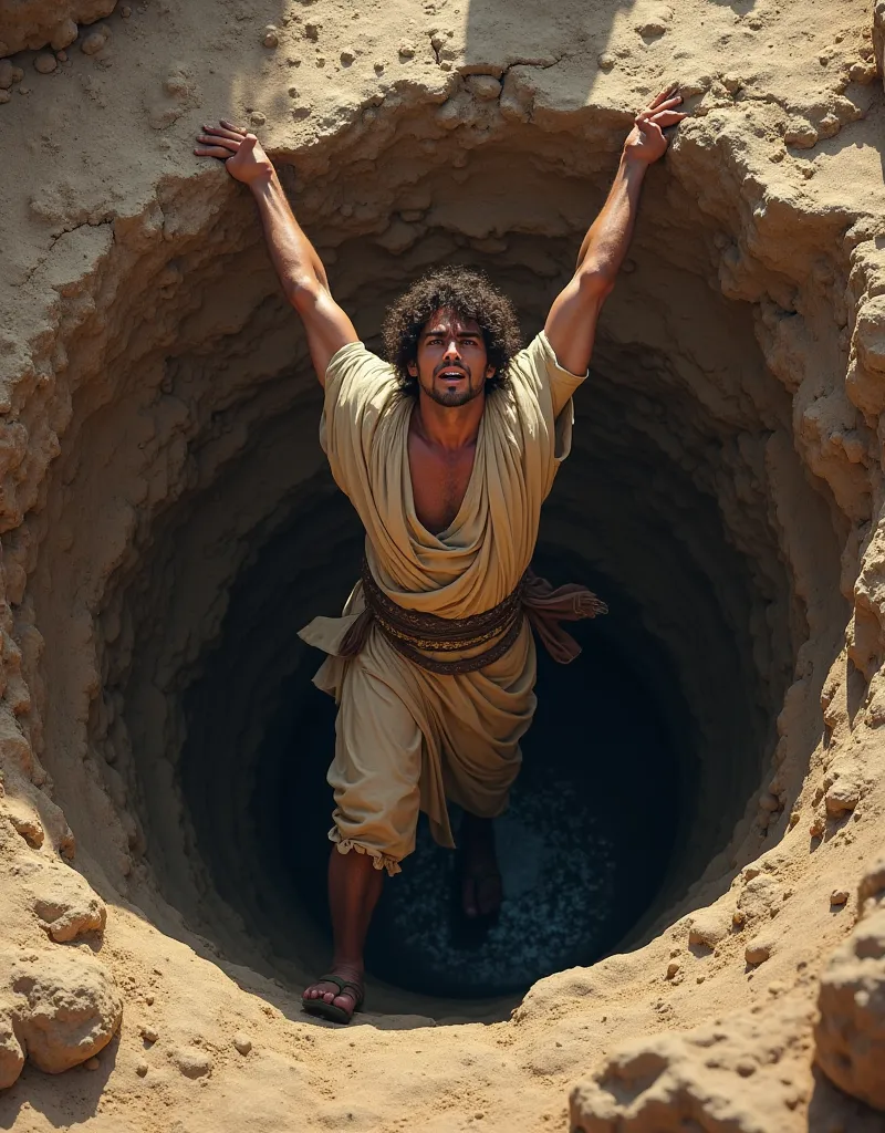 Young man being pushed into a hole with clothes from biblical times
