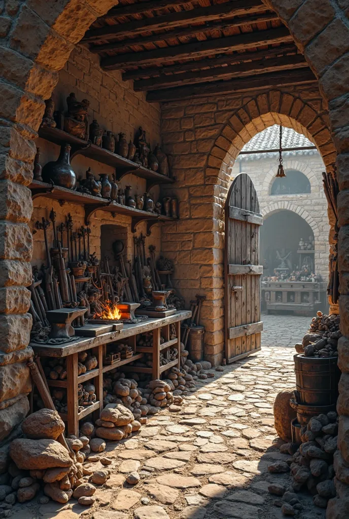 image showing a medieval blacksmith's shop seen from outside the building, where you can see anvils and armor on shelves, as well as a forge with lots of iron ingots and other materials running through its doors, You can only see the blacksmith shop seen f...