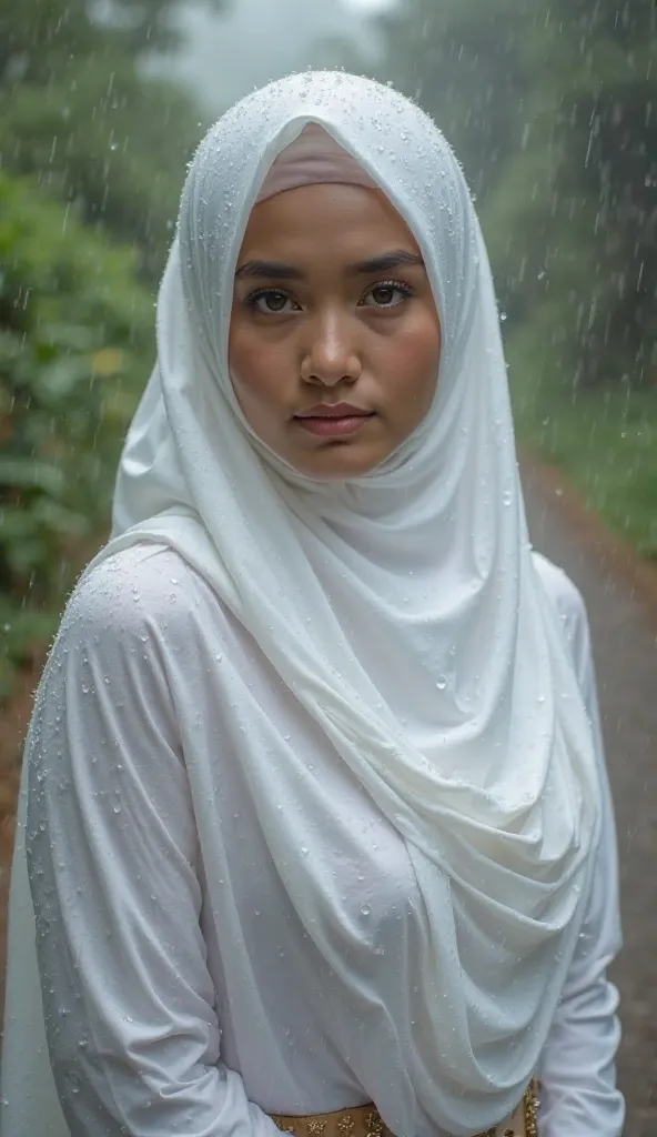     young indonesian female, High resolution photo with an emphasis on her huge chest with stand out nipple, wearing hijab, raining White