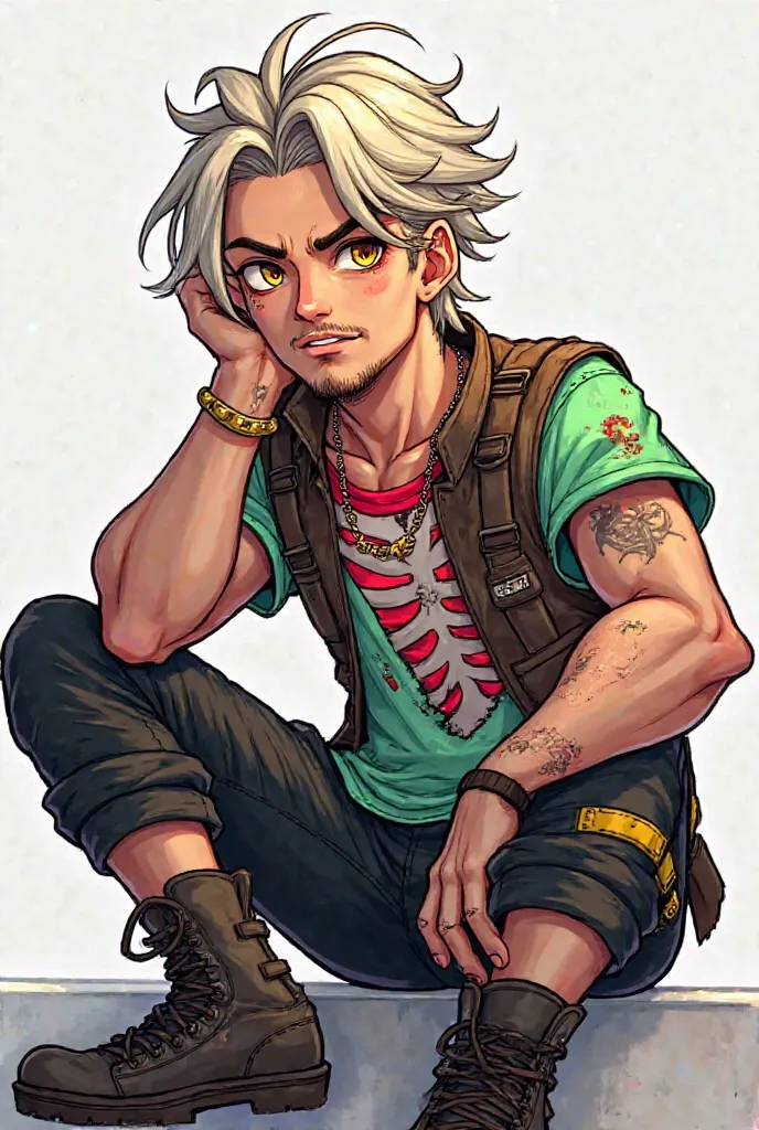 Create a male character in a cartoon-anime gaming style, with a relaxed yet confident pose. His left arm rests on a surface while his right hand supports his face, giving a calm but dominant vibe.

Hair: Messy platinum blonde with dark roots, slightly slic...