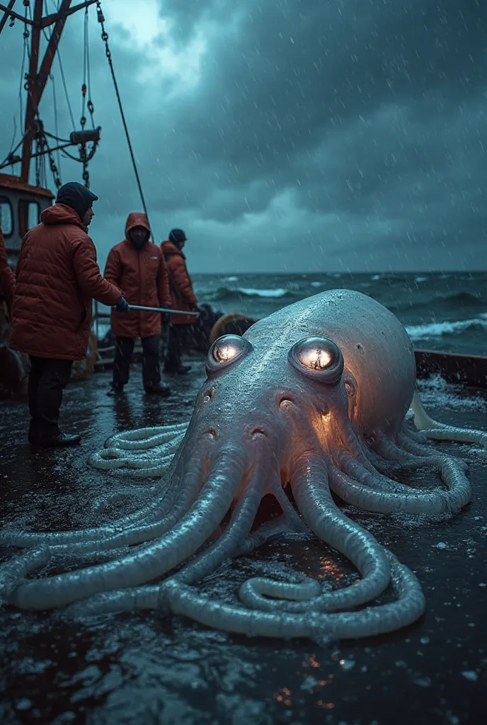 Giant squid,  its glowing eyes as big as hatches ,  jaz tangled in fishing nets on the deck of the boat . It is translucent ,  the rubberized skin shines with iridescent tones in the dim light , Gray light .  Fishermen in long raincoats use poles to try to...