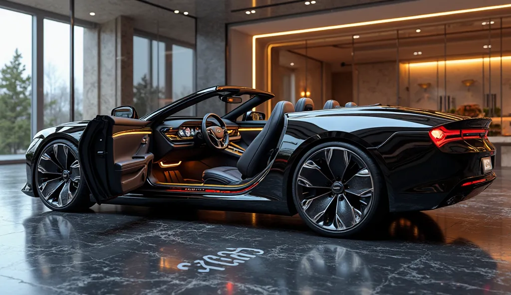 "A highly detailed and ultra-realistic render of the 2025 Chevrolet Impala Convertible Concept Vehicle with its driver and passenger doors open, offering a stunning view of the luxurious interior. The suicide-style doors open wide, revealing the handcrafte...