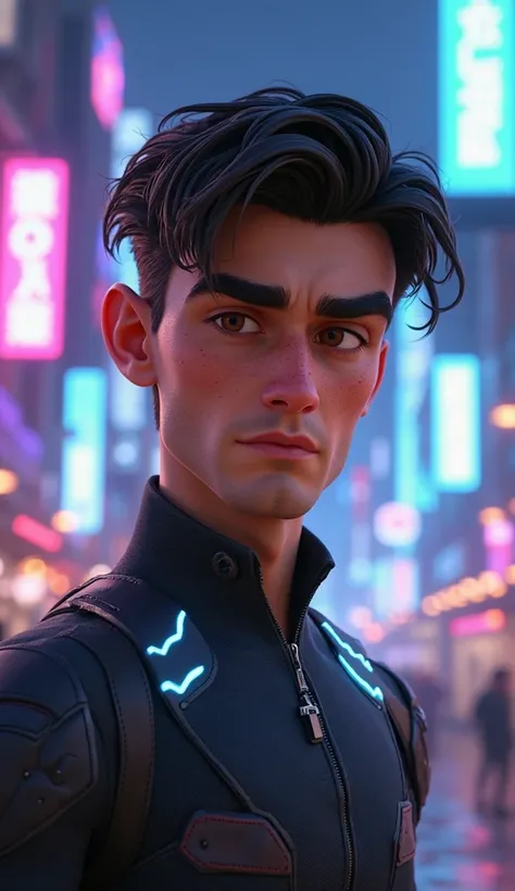 "A highly detailed Pixar-style 3D animated portrait of a man with short, wavy black hair and thick eyebrows. His skin has a slightly textured appearance with subtle facial marks, and he has a strong jawline. His expression is serious yet expressive, with l...