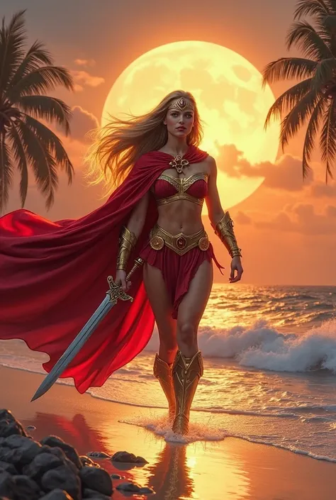 She-Ra de He-Man, walking confidently along the coast, SUA (majestic red cape fluttering in the wind: 1.9)  against the backdrop of a warm sunset  (golden hour), with palm trees silhouetted behind her, (She holds a sword in her right hand,  ready for battl...