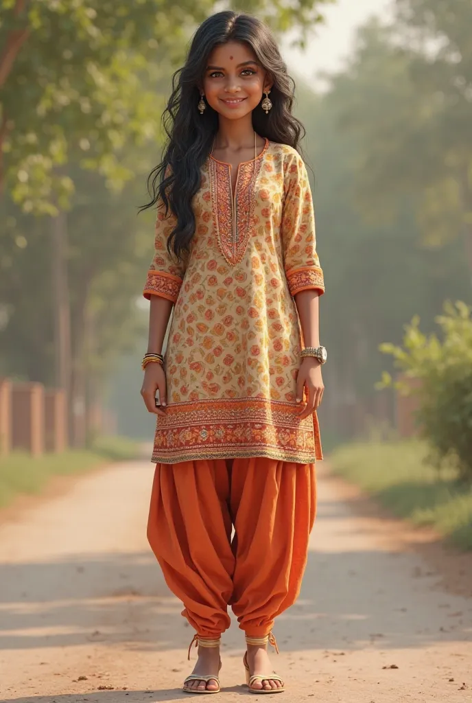 young Indian girl, 18-year-old, (tight deep neck kurti, patiala pant), wrist watch, high heels, 34 28 32, gentle lighting, intricate facial details, (bright smile:1.2), (intricate detailing:1.6 faces & eyes & nose & ears & lips & curves & skin & body parts...