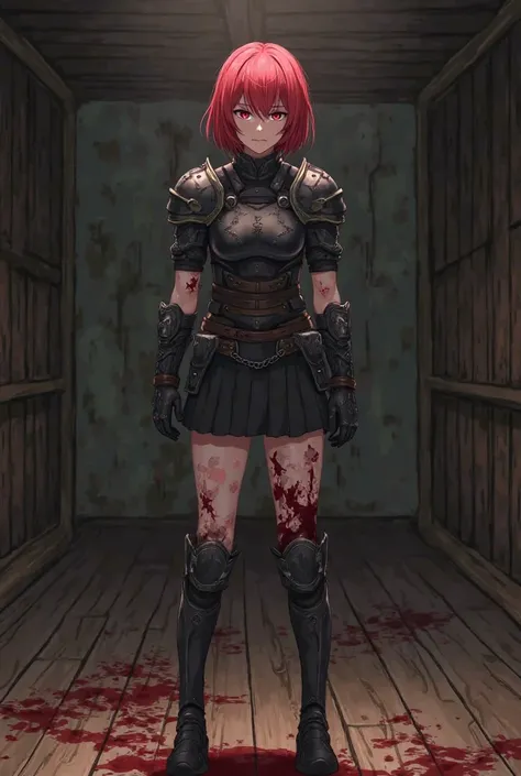 *A young female warrior with short red hair, wearing black training armor, standing in a dim training room. Her body is covered in wounds and bruises, her eyes are cold but hide deep sorrow. The wooden floor is stained with blood, the atmosphere is dark an...