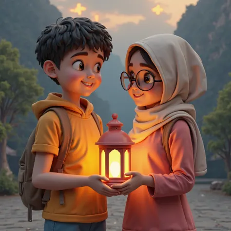 A sporty boy wearing a sports dress with a sports girl wearing a head scarf with a sports dress as well as wearing glasses , One of them is holding a Ramadan lantern. They stand together slightly apart. A three-dimensional image is a complete picture, i.e....