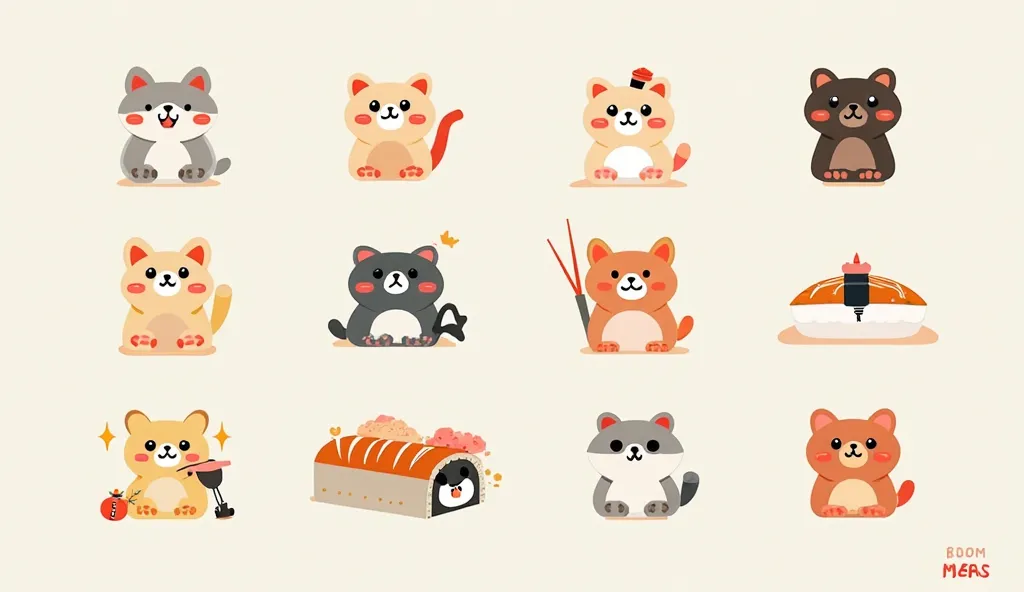 Generate multiple logos of cats and bears、Create an image of the sushi roll with the name 「ROOM」 ,Shopping,