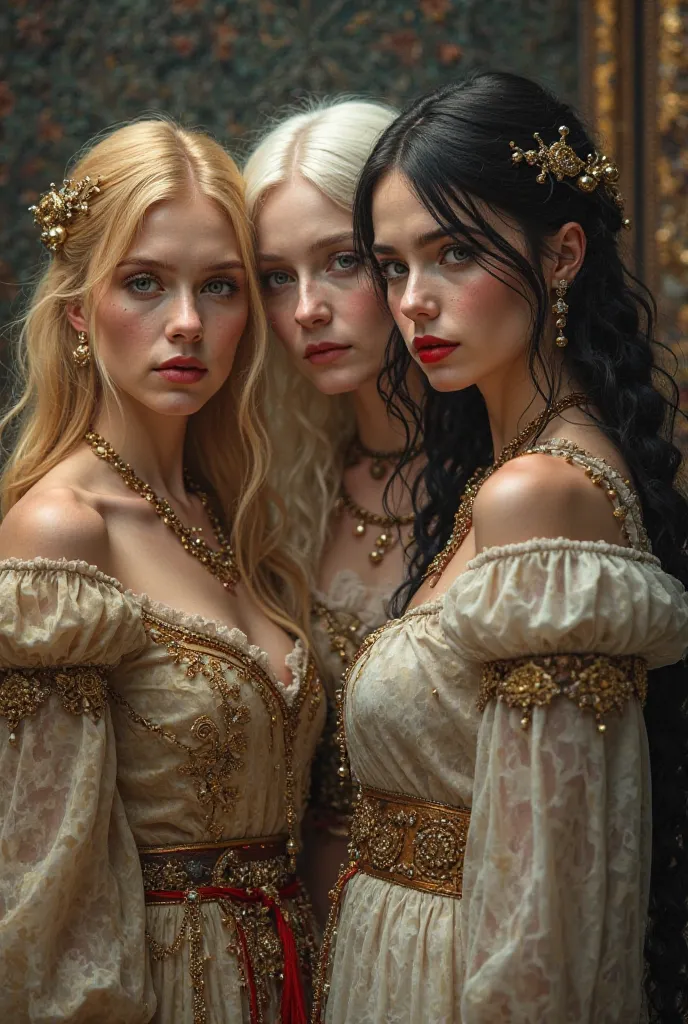 Three pretty girls. One blond, symbolizes the sun, the other white as a ghost, the third with hair black and lips red. And a blacksmith, their father