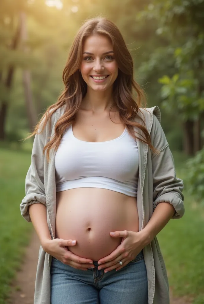 A pregnant girl showing her pregnant womb out from his clothes 