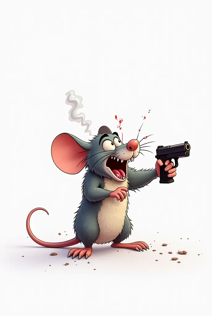 Photograph of just a rat shot with a 9mm pistol, On white background, 8k, detailed,  cartoon style