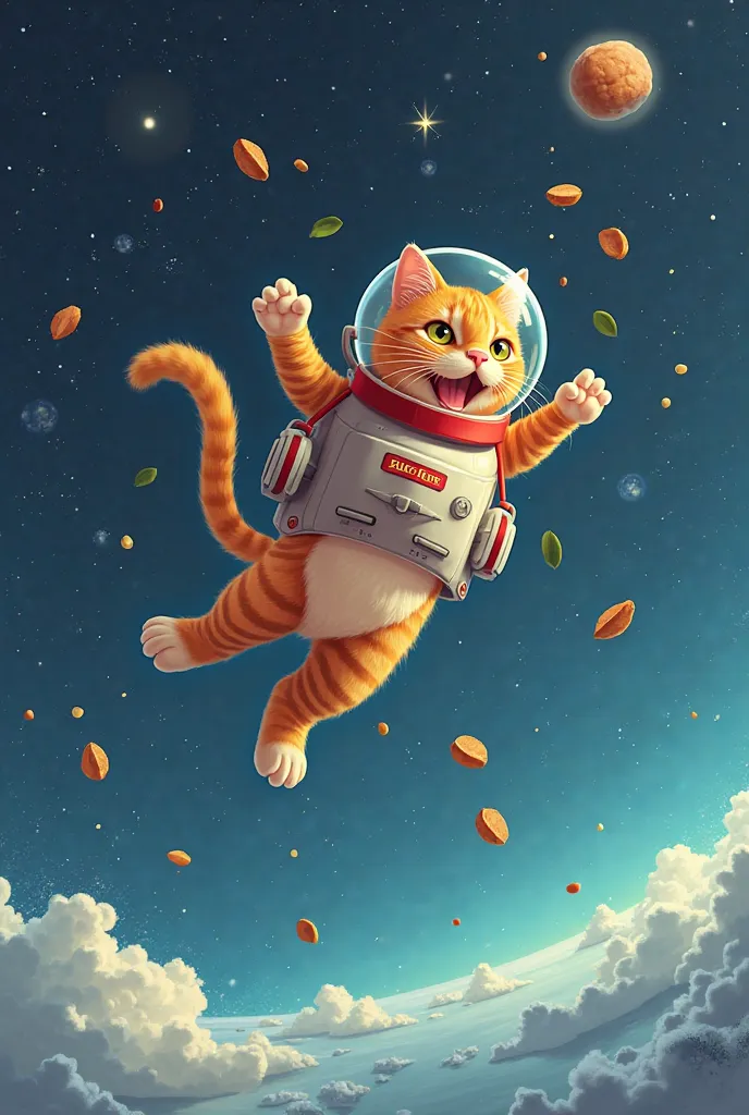 5. Floating
Vignette 1: in space, el cat flota sin gravedad y se da vueltas.
dialogue (cat): “Wooooo, this is fun!”
Panel 2: ! You can see his food floating and he tries to catch it with his mouth!.
dialogue (cat, happy): “Flying food!! I like space!!”

