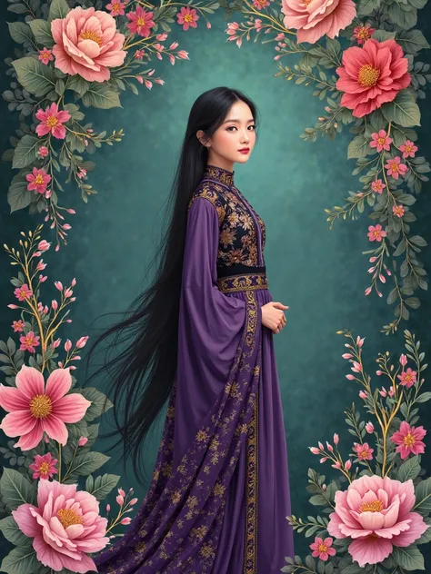 Hanging floral decoration 40 year old, Saori Minami, ( Ran Mouri 1.3), girl with a  purple and black baju kurung malay,Batik clothing,wearing hijab ,Long hood from front to back