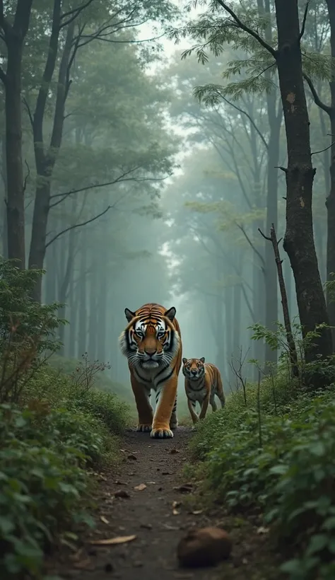 A wide shot of Raja, The tiger, , guiding Max through a dense forest, with towering trees and a misty atmosphere. The tiger walks with determination, and the dog closely follows, , both making their way through wild nature.