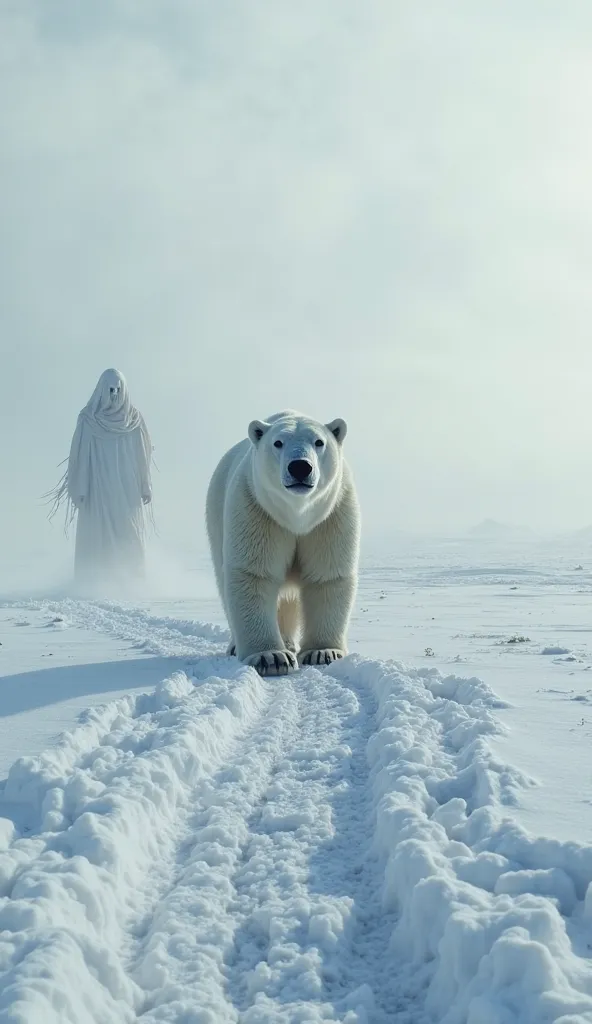 A mighty polar bear trudges across a frozen tundra, leaving deep tracks in the snow. Behind it, a wraith lingers in the wind, its flowing form barely visible, its cold grasp stretching toward the bear’s shadow.