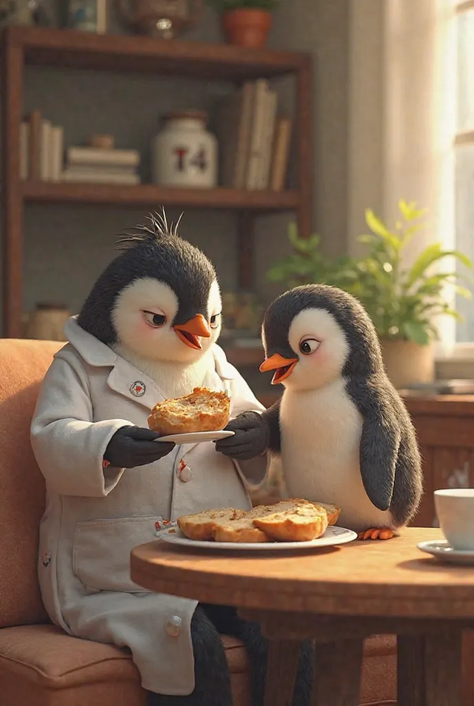 A pharmacist wearing a robe with Tyrenol on it and a cute penguin are eating bread