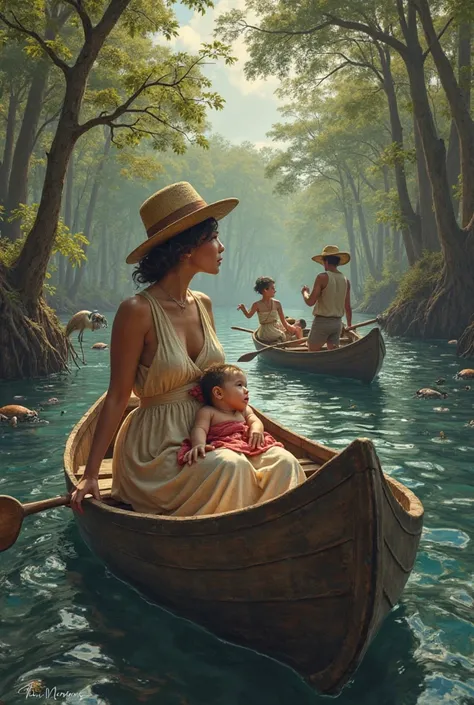 Make a woman in a dress with a baby inside a canoe. she has to be in front. In the background, place other ren and two men. One of them, standing driving a canoe in the middle of a river with dark water. On the banks of the river , place large trees and ma...