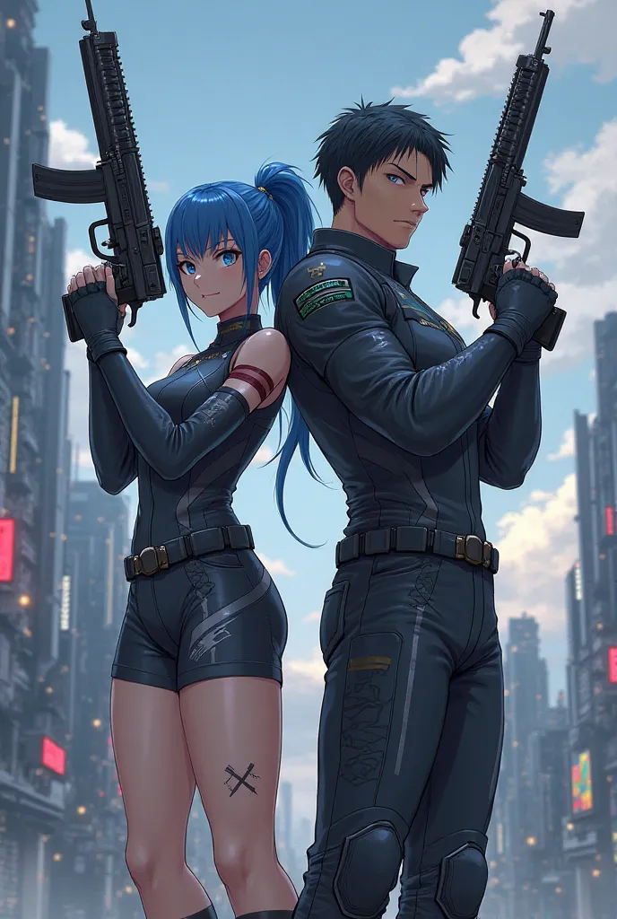 Female and male anime soldiers stand together holding guns.